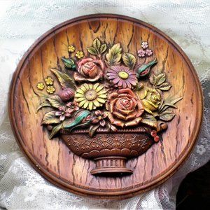 1950's Bouquet Of Flowers In Vase Ceramic Bas Relief Wall Decor Plate Japan